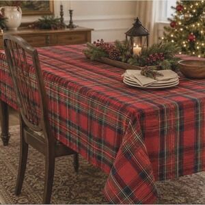 Vintage Martha Stewart Everyday Tartan Plaid Tablecloth 54x93 Red Christmas